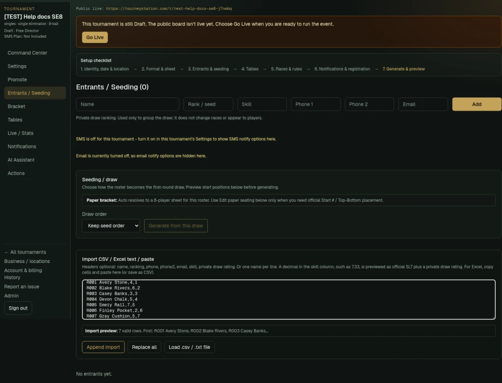 Roster import preview showing valid rows and Append import, Replace all, and file-load buttons.
