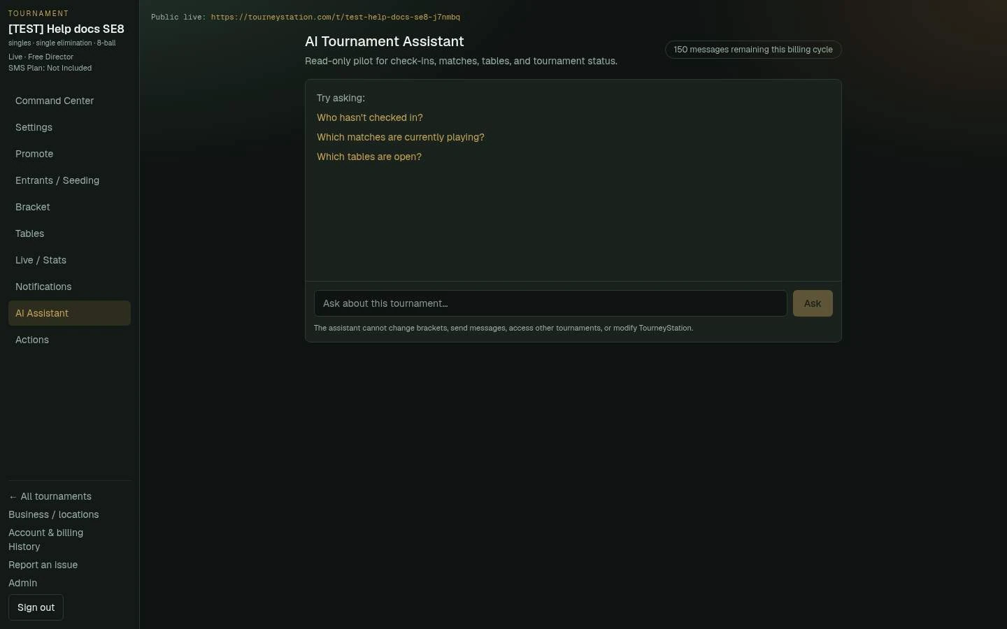 AI Tournament Assistant page with suggested questions, messages remaining, Ask box, and read-only notice.