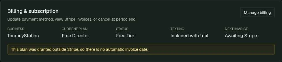 Billing and subscription panel with plan, status, texting, invoice, and Manage billing controls.