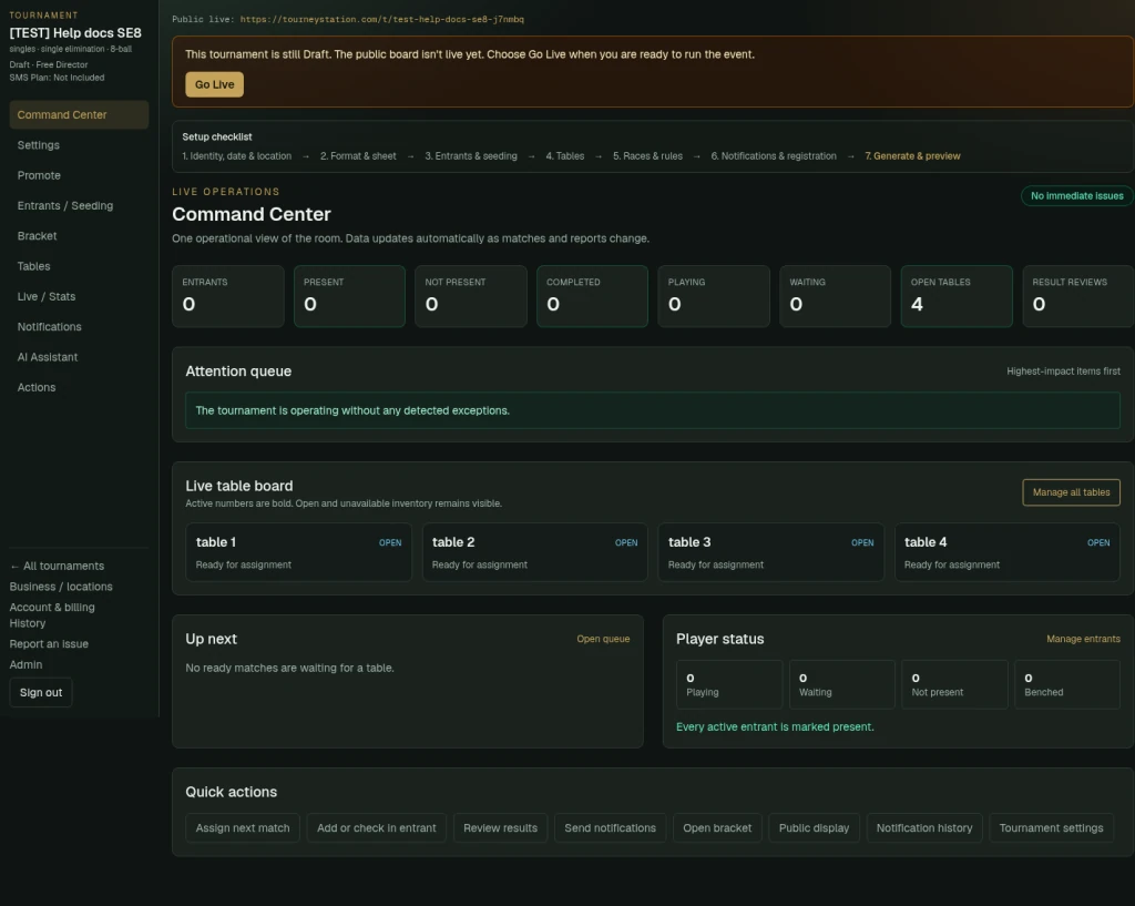 Director console for a Draft tournament with left navigation, Go Live banner, seven-step Setup checklist, and Command Center.