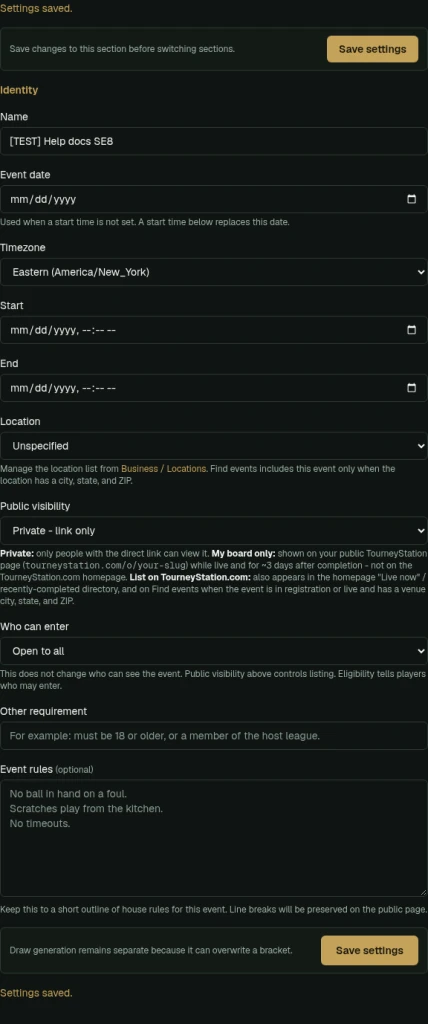 Settings Identity section with event details, location, Public visibility, rules, and Save settings buttons.