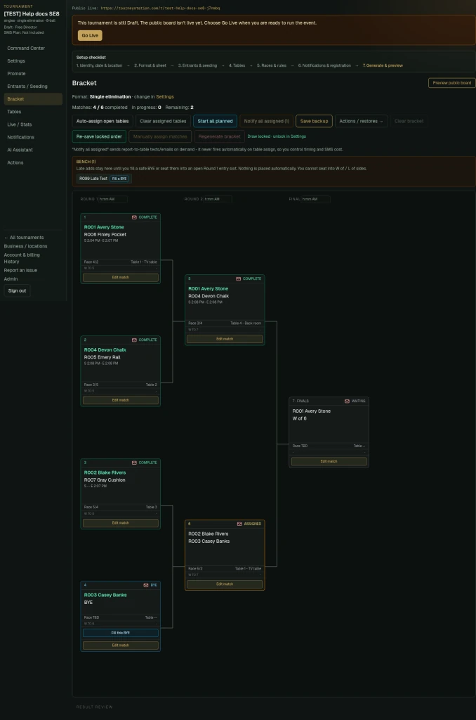 Bracket with a BENCH panel, Fill a BYE button, player-versus-BYE match, and Preview public board button.