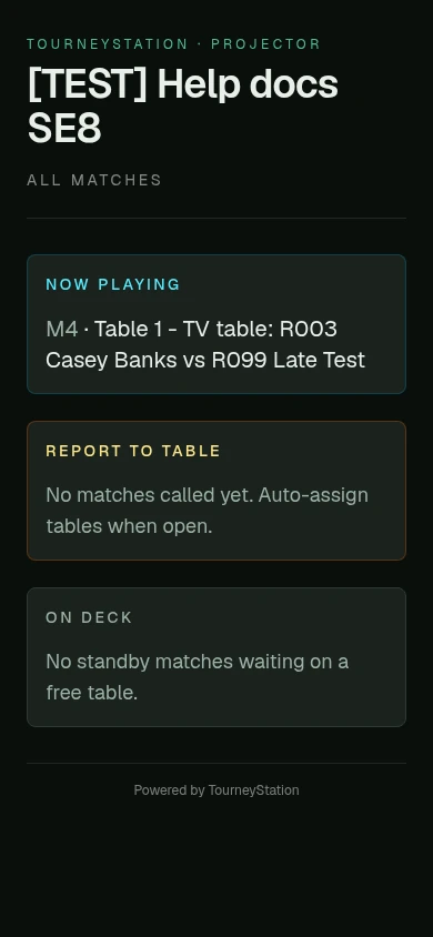 Public projector board on a phone with stacked Now Playing, Report to Table, and On Deck cards.