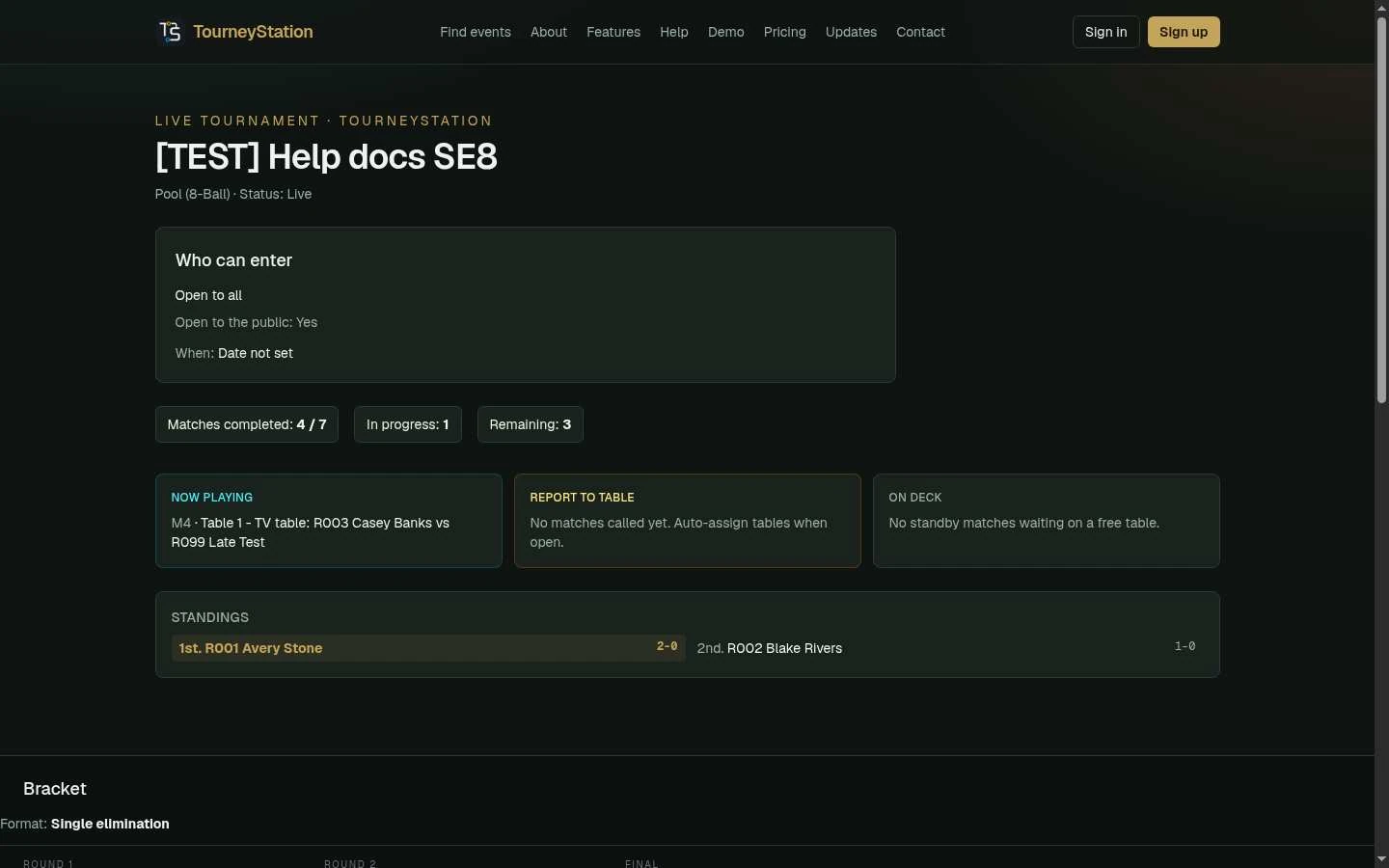 Public Live tournament page with status, progress, Now Playing, standings, and bracket.