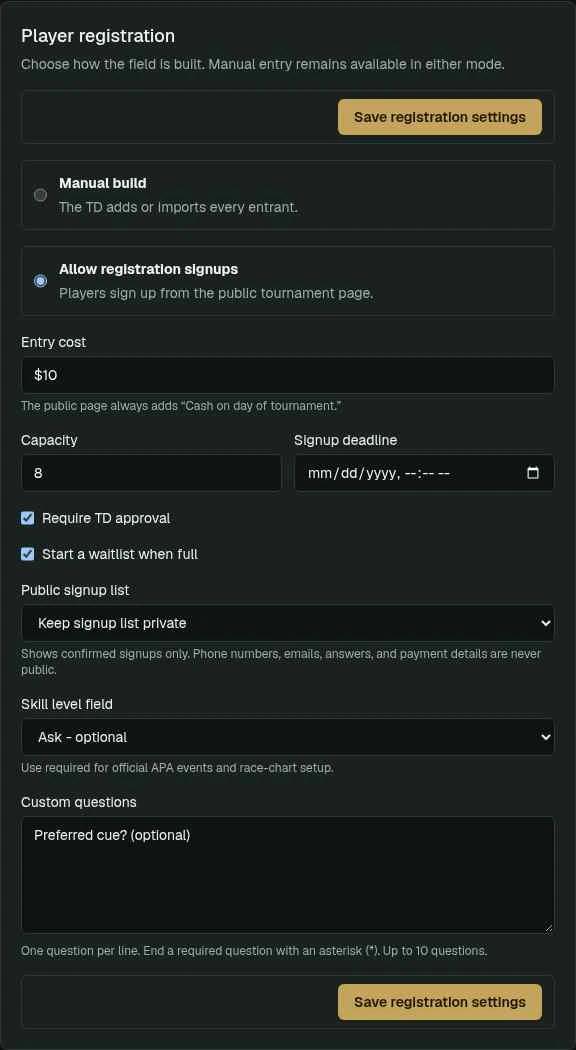 Registration settings with signups, entry cost, capacity, approval, waitlist, visibility, skill level, questions, and save controls.