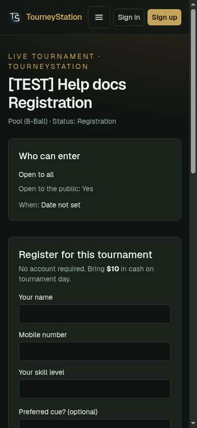 Public registration form on a phone with no-account, cash-on-the-day, name, contact, skill, and custom-question fields.