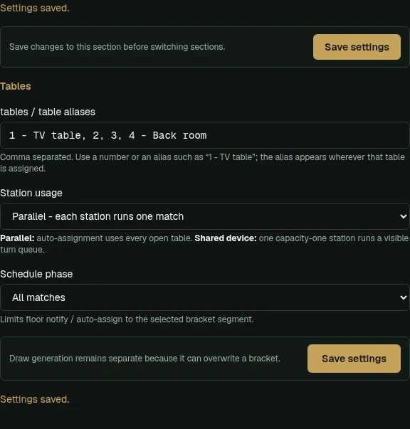 Settings Tables section with table aliases, Station usage, Schedule phase, and Save settings buttons.
