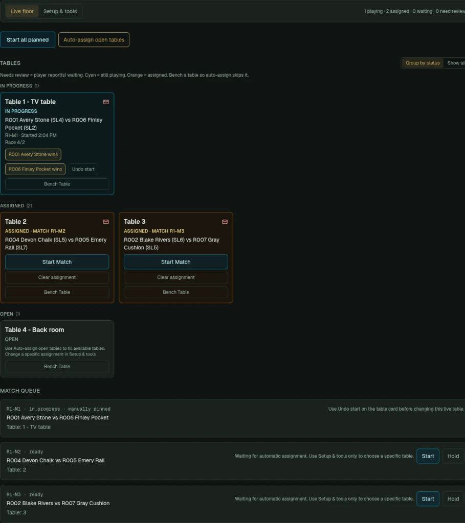 Tables Live floor with In progress, Assigned, Open, and match-queue sections.