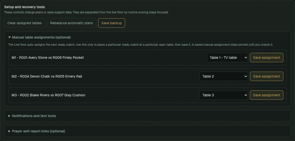 Tables Setup and tools with recovery tools, manual table assignments, notifications, and player-report links.