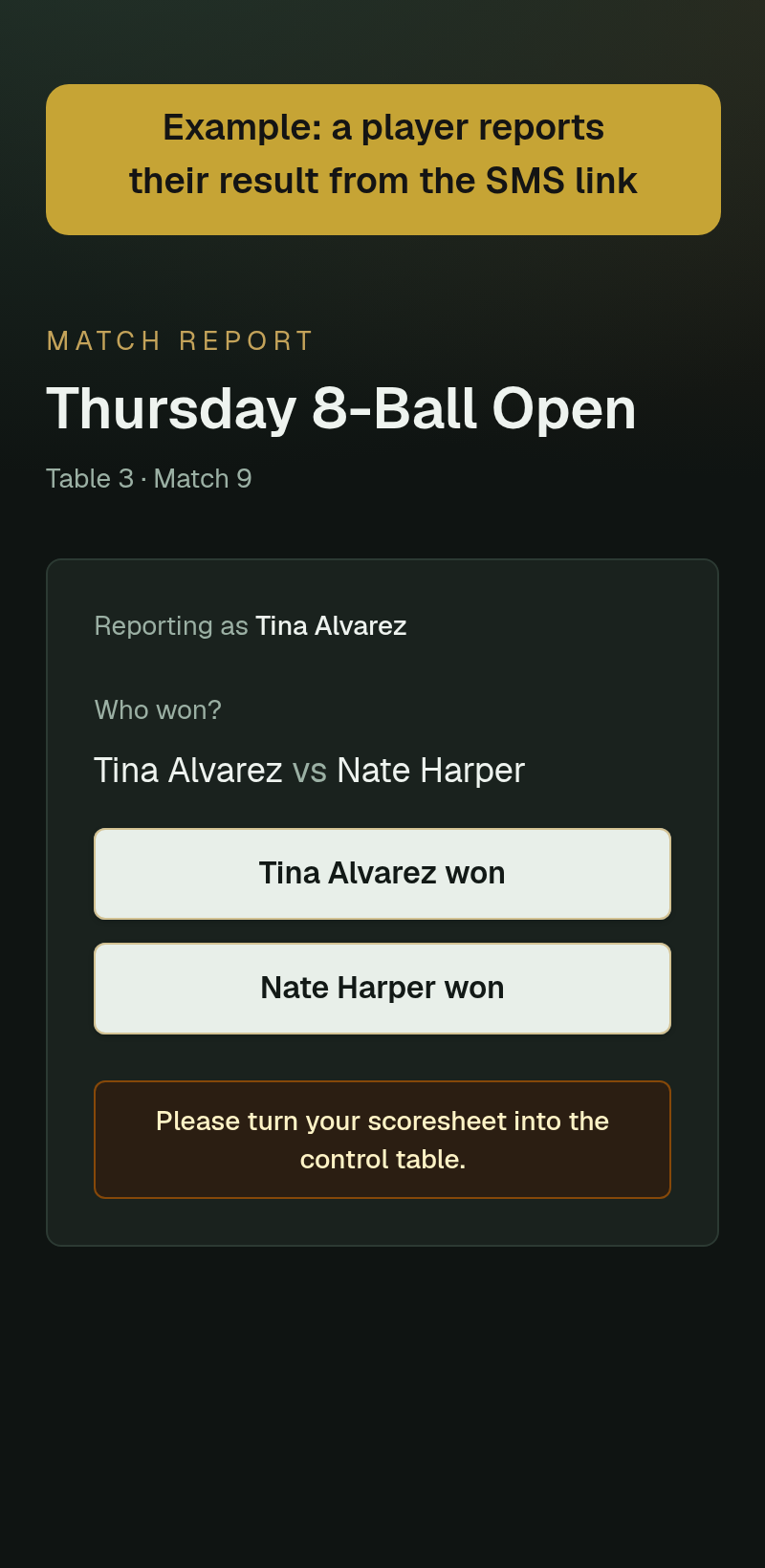 Phone page where Tina Alvarez reports the result for Table 3, Match 9, from the link in a text message.