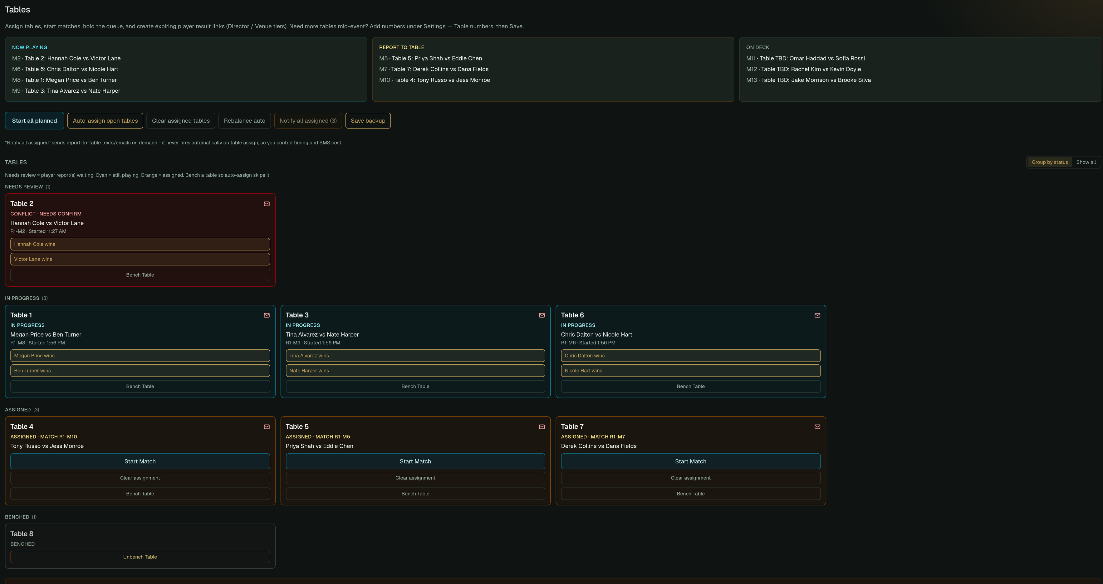 Director table management screen for a pool tournament, with now playing, report to table, on deck, and table cards grouped by match status.